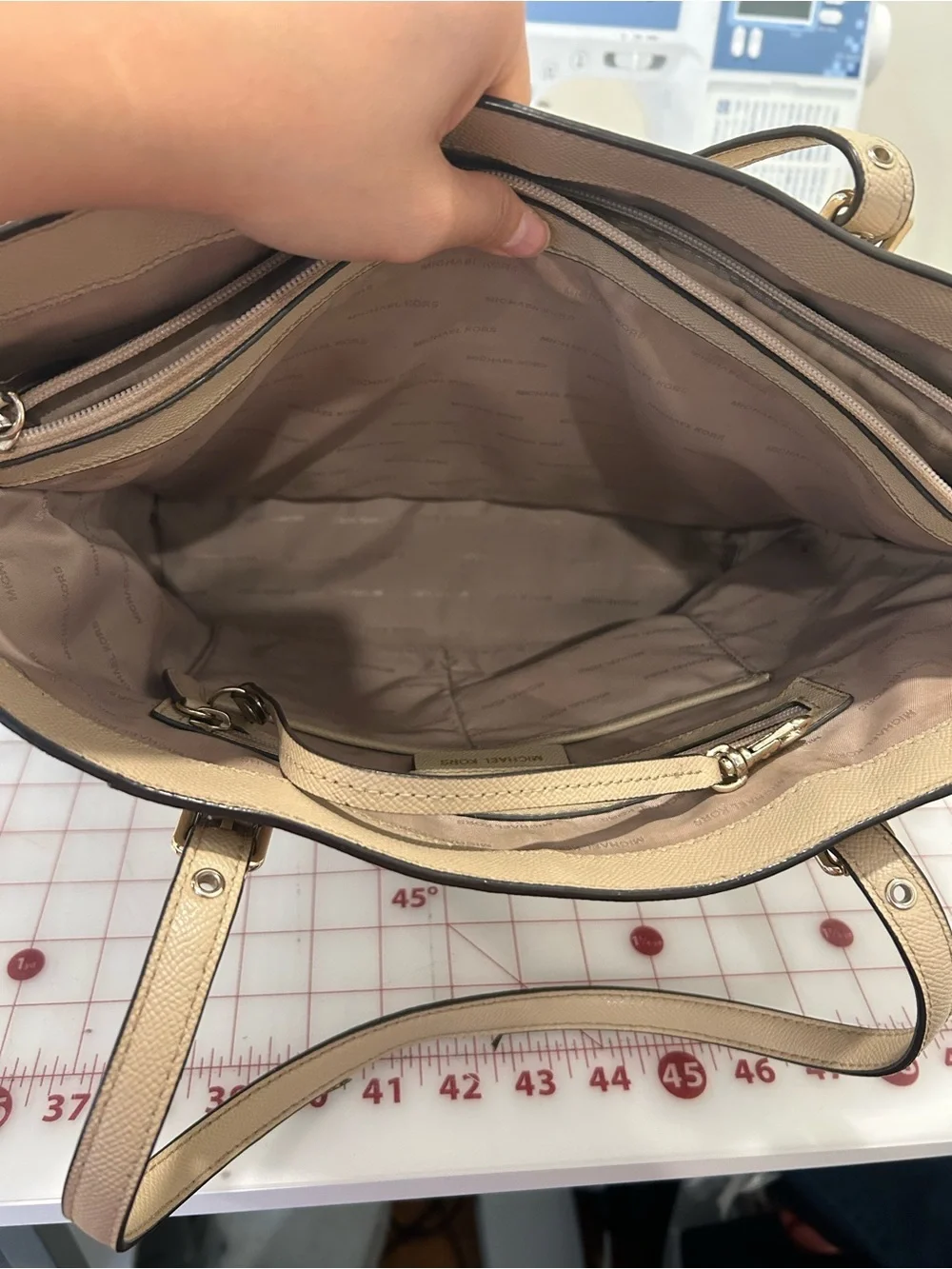 Michael Kors Tan Leather Tote with Black-and-White Scarf